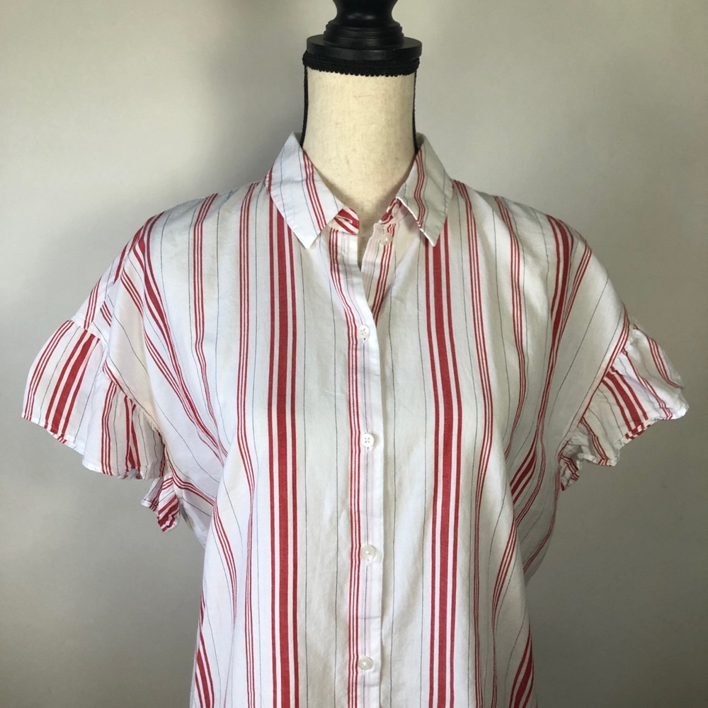 Madewell Red And White Stripe Flutter Sleeve Butt… - image 4